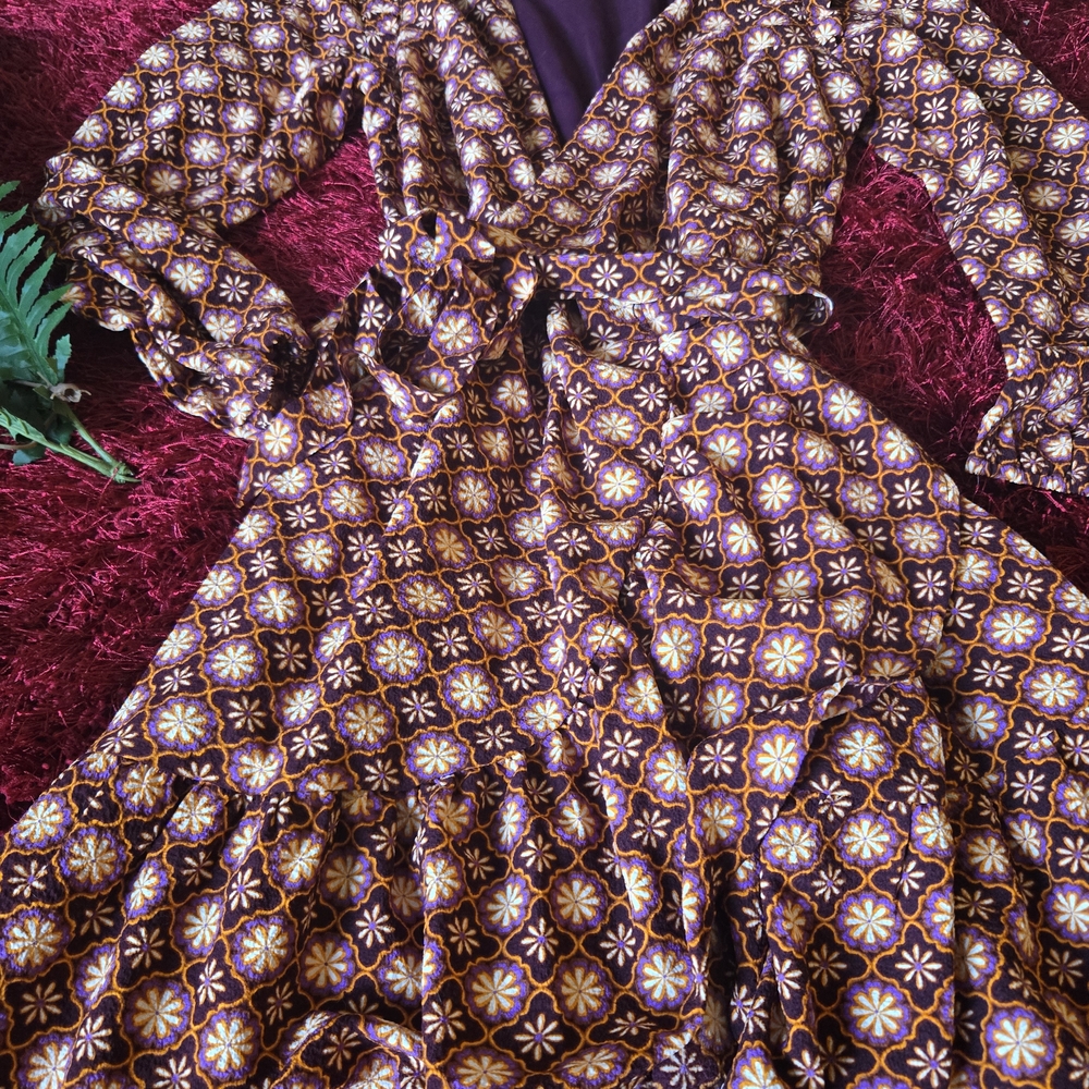 Draper James 70s Brown and Cream Long Sleeve Wrap Dress Dress